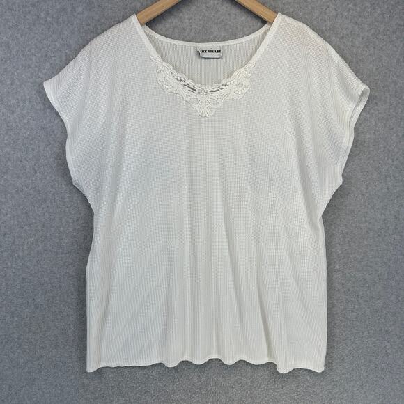 Alice Stuart Top Womens Size L White Texture Lace Neckline Short Sleeve Pullover - Picture 1 of 8